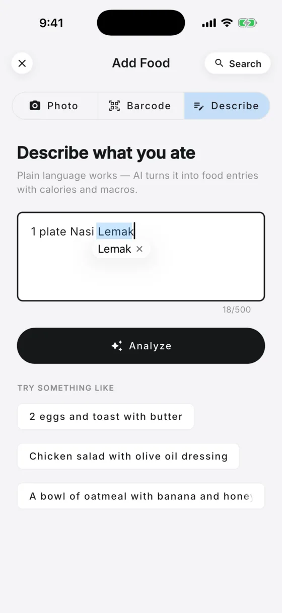 AI Calorie describe-what-you-ate screen with a typed meal, ready to analyse